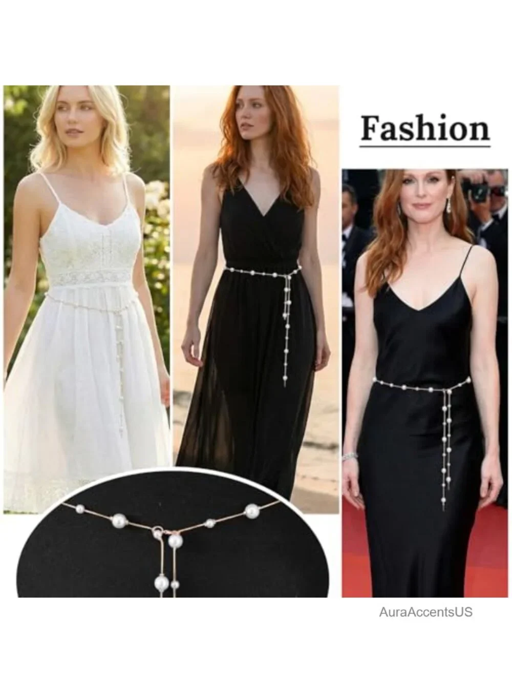 Adjustable Pearl Chain Belt with Gold Retro Tassel for Dresses